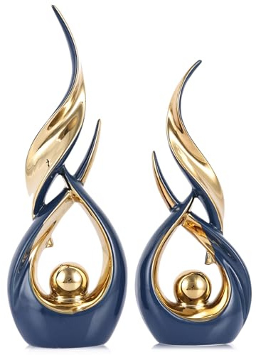 XMGZQ Gold Ceramic Abstract 2 Piece Statue Set,Mid Century Modern Abstract Art Home Decor Statue Mantelpiece on Unique Shelf Decor, TV Cabinet Divider Table top and Dining Table Centerpiece (Blue)