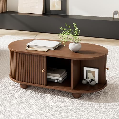 BTM 100x50x40 cm Nussbaum Couchtisch mit Stauraum und Schiebetüren, mit 360 Grad Schiebetür, kaffeetisch mit 4 Beinen, Coffee Table Wohnzimmertisch Sofatisch
