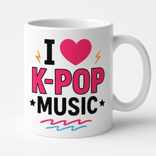 Kpop Taza con texto  I Love K-Pop Music , Cerámica asa Blanca, Decoración Musical con Corazón coreano, Regalo para Amantes de K-Pop music Taza de merchandising Kpop ideal para regalo