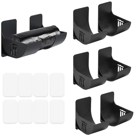 SCDZY 4 Pairs Bin Bag Dispenser, Self-Adhesive Trash Bag Holder, Wall Mounted Plastic Tin Foil Holder Cabinet Door Storage Organiser Garbage BagDispenser No Punching Kitchen Organizer (Black)