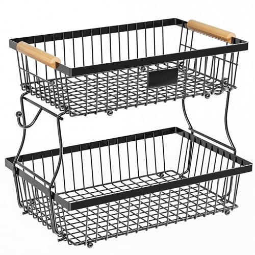 AmzDaKai 2 Tier Fruit Bowl Basket with 2 Banana Hanger, Detachable Kitchen Countertop Organizer, Countertop Fruit Storage Produce Basket, Metal Storage Rack for Fruits, Vegetables, Snacks, Black