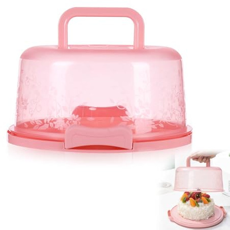 Megcdtr 10 Inch Cake Carrier, Clear Plastic Cake Containers(Pink) | Cake Storage Container with Collapsible Handle Lid,Portable Cake Container With Locking Buckle for Pies Cupcake Muffins Party