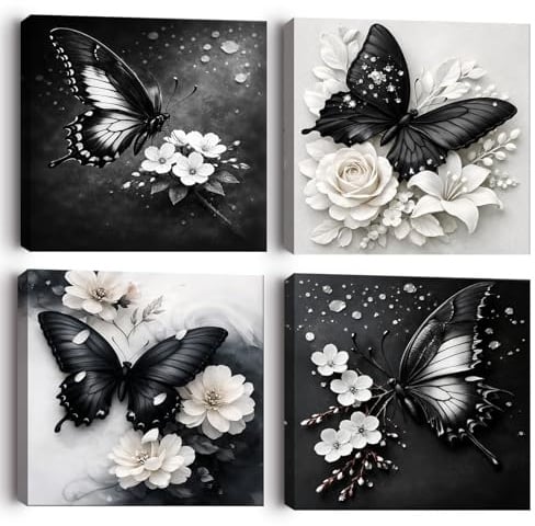 Alptiny Canvas Wall Art Set Of 4, Framed Wall Art Prints, Black And White Butterfly Floral Picture Canvas Artwork For Living Room Bedroom Bathroom Decor 30x30cm