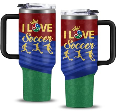 Soccer Gifts for Men Women 40 oz Soccer Tumbler with Handle - Football Sports Theme Travel Mug Stainless Steel Insulated Cup with Lid & Straw - Gift for Soccers Fans Lover Coach Stuff, Pack of 1