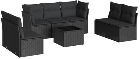 Foknhdi 8-teiliges Poly-Rattan Gartenmöbel Set Schwarz 2er & 3er Sofa Eckbank 55 x 55 cm Tisch 110 x 62 x 69 cm UV-beständig modular für Terrasse Balkon Wintergarten