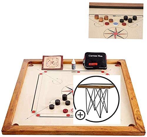 Carrom Board Set offizielle Größe 7 kg - 74cm x 74cm (offizielle Größe) interner Spielbereich - India Hartholz Qualität - Komplettes Set mit Offiziellen Scheiben (mit Tisch)