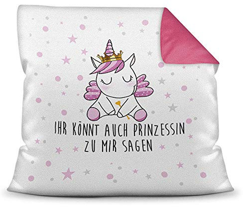 Tassendruck Farbkissen Pink inkl. Füllung mit Spruch Ihr könnt auch Prinzessin zu Mir Sagen - Glitzer/Geschenk-Idee/Stern/Deko-Kissen/Einhorn/Unicorn