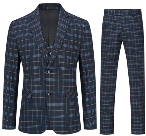 Allthemen Costume Homme 3 Pièces Tuxedo Slim Fit à Carreaux Deux Boutons d'affaire Mariage Veste+Gilet+Pantalon Noir L