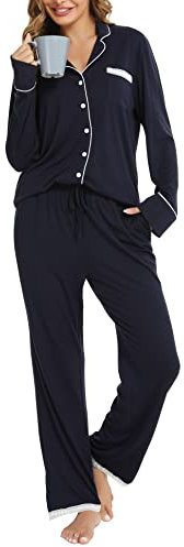 Vlazom Pigiami Due Pezzi Donna, Morbidi Set Pigiama da Donna Scollo a V Maniche Lunghe con Bottoni Set Pigiama da Notte,M,A-Blu Scuro