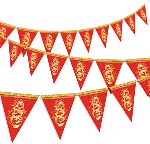 Whaline Lot de 20 fanions de dragon du Nouvel An chinois 2024 - Guirlande pré-assemblée pour fête du Nouvel An chinois, décoration d'intérieur