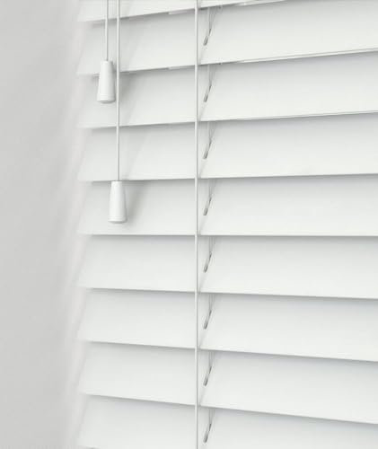 White Real Natural Wood Wooden Venetian Window Blind Matching String Finish 50mm Slats Home Office Bedroom 150cm Width x 120cm Drop