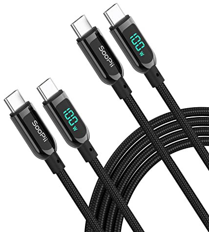 SooPii USB C auf USB C Kabel, [2PACK 1.2M] Nylongeflecht Type-C Kabel,100W PD Schnellladekabel mit LED Display für lPhone 16/15 Pro,lPad Air, MacBook Pro, Galaxy S23/S22 (Schwarz)