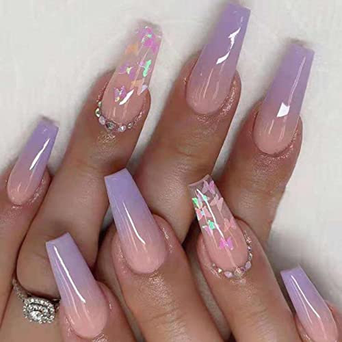 RUNRAYAY Lila French Press On Falsche Nägel, extra lange Kunstnägel mit Schmetterlings-Pailletten, glitzernden Strasssteinen, nackte Sarg-Acryl-Nägelspitzen für Frauen und Mädchen, 24 Stück