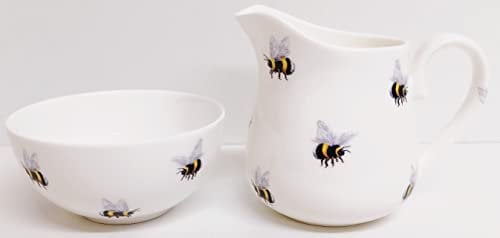 Rainbow Decors Bees Cream/Milk Jug and Sugar Bowl Fine Bone China Bumblebee Matching Set Hand Decorated UK, Bees MilkSugar