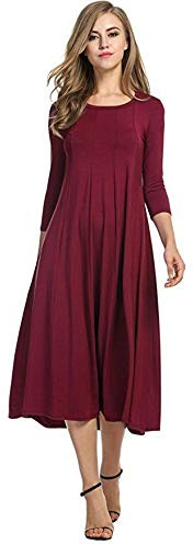 NIO Womens Ladies Plain Jersey Swing Dress Casual Long Sleeve Midi Dress Skater UK Size (Wine, 12-14)