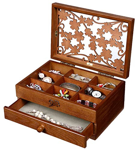 Changsuo Holz-Schmuckkästchen für Damen mit Schubladen, kleiner Schmuckaufbewahrungs-Organizer mit Acryldeckel für Uhren, Ohrringe, Ringe