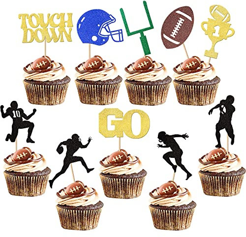 30 Stück American Football Cupcake Topper Fußball Touchdown Cupcake Picks Fußball Spieler Cupcake Dekorationen für Super Rugby Sport Thema Herren Jungen Geburtstag Party Supplies