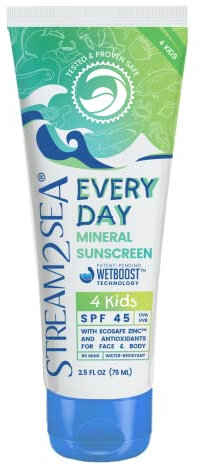 STREAM 2 SEA Mineralischer Sonnenschutz für Kinder, Spf 45 Every Day | 2,5 ml Oz biologisch abbaubarer Sonnenschutz, ohne Parabene und Riffsicher für Gesicht und Körper für Kinder | Protecci