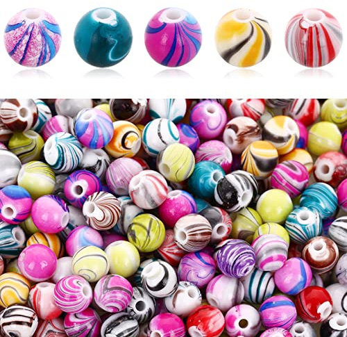 ASTER 500 Stück Acrylperlen 8 mm Mehrfarbig Bastelperlen zum Auffädeln, Runde Schmuckperlen mit Loch, Mix Tintenmuster Perlen Acryl Beads für Armbänder, Halsketten, Schmuckherstellung