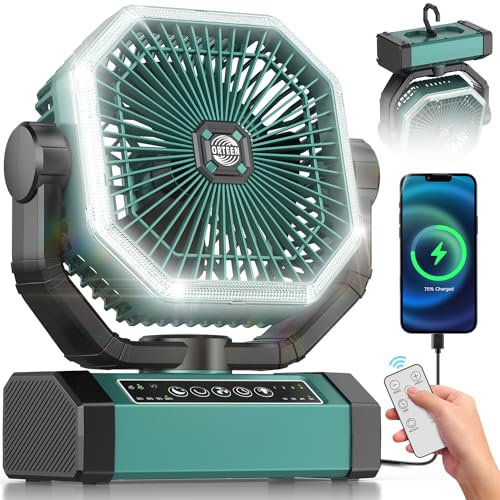 Ventilador portátil recargable – Ventilador de camping de 9 pulgadas para tienda de campaña, 20000 mAh (60 horas) funciona con pilas para camping, oscilación automática inalámbrica, ventilador de