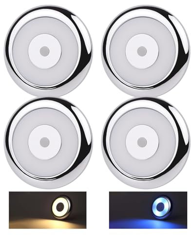 acegoo 12V Luz de Techo LED Autocaravana Iluminación Interior Dos colores (blanco cálido/azul), Interruptor dimmer integrado para Caravana Barco Remolque Coche, 3000K 235lm Cromo 4PCS Material de PC