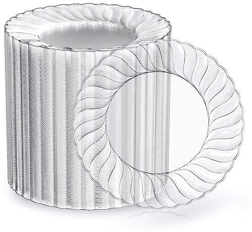 FOCUSLINE 100 Count 6 Inch Clear Plastic Plates, Disposable Heavy Duty Salad Dessert Plates- Premium Hard Plastic Plate Fancy Disposable Clear Plate for Weddings, Parties and Events