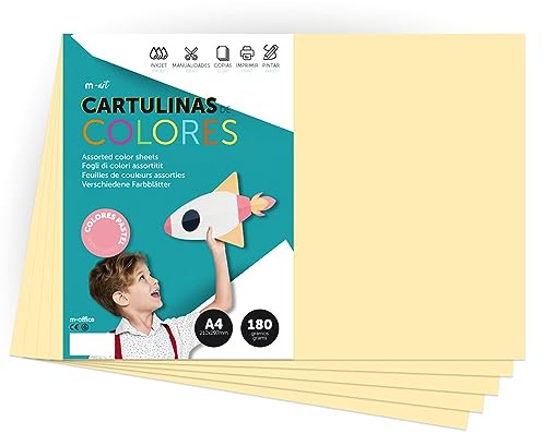 Farbiger Karton, A4, Pastellfarben, 180 g, zum Basteln, Drucken Ihrer Dokumente und kreativen Designs, Pastellfarben, A4, m-office (x50, Creme)