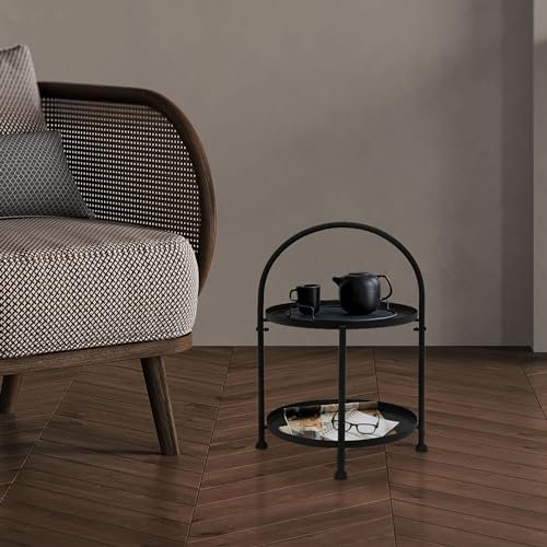 ECD Germany Mesa Auxiliar Redonda Ø 30 x 45 cm de Metal Mesita de Centro 2 Niveles con Asa Velador Negro de Salón para Café Consola de Noche Estilo Industrial Moderno Decorativo Bandejas Extraíbles