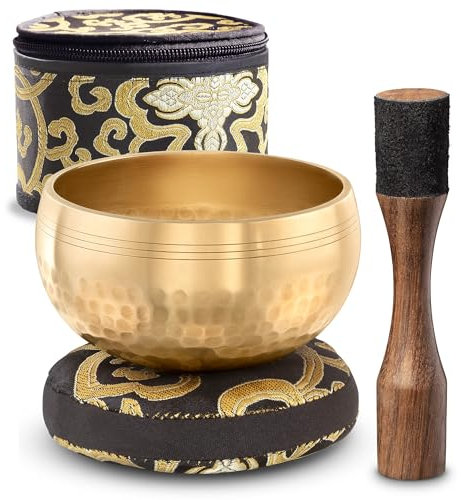 Tibetan Singing Bowl Set with Case – Authentic Plain Design – Meditation Bowl & Sound Bowl with Cushion, Mallet & Guide – Sound Bath Instruments – Yoga Meditation Kit