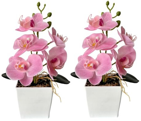 XIZHI Künstliche Orchideen mit Vase, 25,4 cm, künstliche Pflanze, Bonsai, Seidenblumen, Schmetterling, Orchidee mit Topf für Hochzeit, Büro, Heimdekoration, Innendekoration, 2 Stück (Rosa)