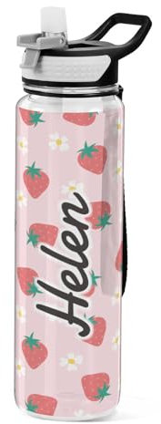 Mnsruu Personalised Strawberry White Flowers Water Bottle 1L with Straw, Customised Names Leakproof BPA Free Tritan Drink Bottle, Sport Water Bottle