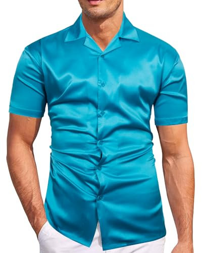 fohemr Mens Satin Shiny Cuban Shirts Luxury Short Sleeve Causal Button Down Solid Dress Stylish Business Party Shirt Blue Large