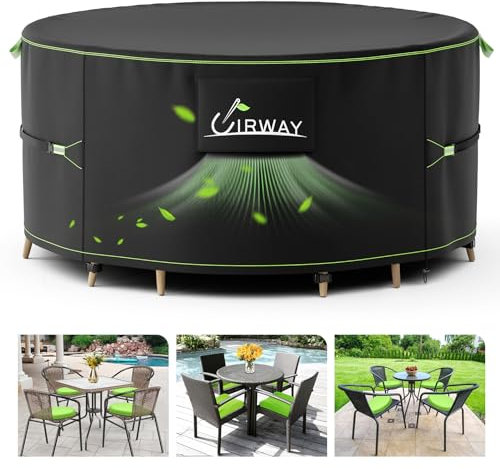 UIRWAY Round Patio Furniture Covers with Air Vent, Ø 230 x 90 cm Waterproof Outdoor Table Chair Set Covers, 420D Heavy Duty Garden Furniture Cover with Reflective Strips
