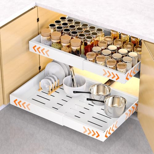 Averrex Pull out Cabinet Organiser, Extendable Slide out Drawers for Kitchen Cabinets, Heavy Duty Cupboard Organiser, Pull Out Shelf for Kitchen, Living Room, White, (32-52 CM x 42 CM x 7.5CM)