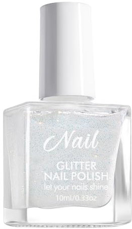 NLFOX White Nail Polish - Glitter Nail Polish - Glitter Nail Varnish Quick Dry - Shiny Sparkly Nail Varnish - Breathable Nail Polish - French Manicure Nail Polish for Women Girls Nail Art