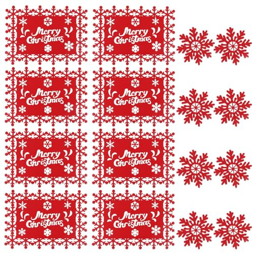 Set de Table de Noël Rouge Hillylolly Set de Table Noël Lavable, Set de Table Motif Noel, Lot Set de Table Noel, Feutre, Rouge, Incluant 8 Sets de Table(40x30 cm)+8 sous-Verres (10x10 cm)