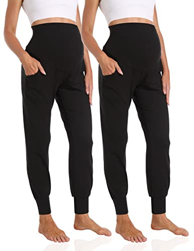 Foucome Women's Maternity Joggers Over Bump, 2Pack/Black, XXL