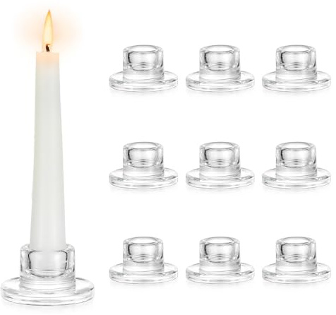 Hewory 10er Set Kerzenständer Glas Stabkerzenhalter Set für Hochzeit Deko | Elegant, Schlicht, Dickes Glas, Stabil, Klar Klein Kerzenhalter für 2,2cm Stabkerzen, Wohnzimmer Tischdeko Weihnachten Party