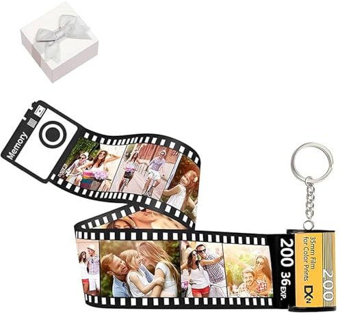 Personalised Film Roll Keychain with Photo, 10/15/20/25 Pcs, Wooden Camera Packaging Box, Colorful Picture and Text Custom Camera Roll Film Keyring, Christmas Holiday for Woman, Dad, Mom