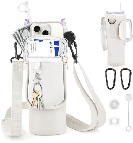 WuGU Sac de Bouteille d'eau pour Stanley Tumbler, 1.2L / 40oz Porte-Bouteille avec Bandoulière Réglable et Téléphone Sac, Résistant aux Chutes, pour Sport, Camping, randonnée, Gym, Cyclisme (Beige)