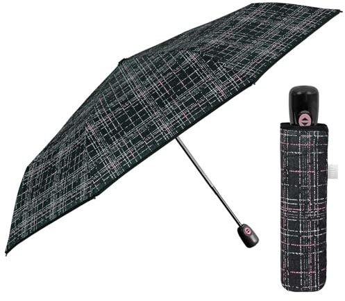 Regenschirm Damen Automatik Auf Zu mit 2 Farben - Frauen Taschenschirm Sturmfest Windischer - Reise Mini Regen Schirm Klein Taschenregenschirm - Durchmesser 98 cm - Perletti (Tweed Schwarz)