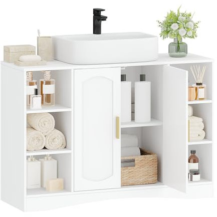 HEXCELEN Armario bajo Lavabo, Mueble de Baño con 2 Puertas y Compartimentos Abiertos, Estante Regulable, 2 Compartimentos Detrás de las Puertas, Apto para Lavabos con Pedestal Blanco 30 × 90 × 61,2 cm