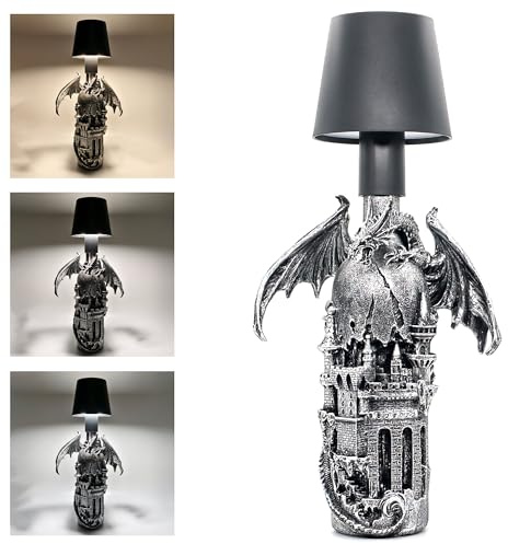 Hmusnwol Drachenstatuen-Lampe, Gothic-Dekoration, Dungeons and Dragons Geschenke, Flaschenlampe, 5000 mAh, batteriebetrieben, 3 Farben, stufenloses Dimmen, für Schlafzimmer/Bücherregal/Schreibtisch