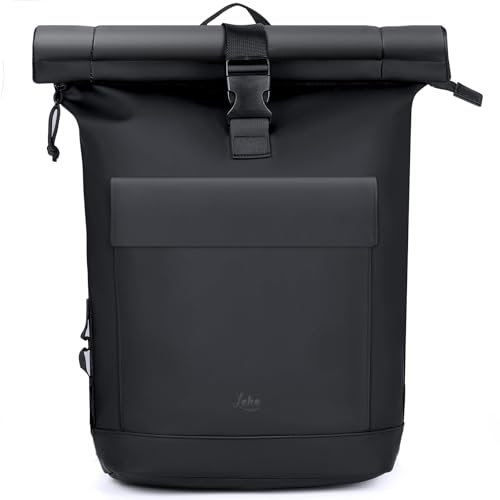 Lekespring Rolltop Rucksack Damen & Herren, Wasserdichter Laptop Rucksack mit 17 Zoll Fach, Stylischer Tagesrucksack für Uni, Arbeit, Reisen und Freizeit, Erweiterbar & Vielseitig (Schwarz, L)