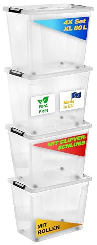 Gardissimo 4 er Set Aufbewahrungsbox mit Deckel und Rollen Clip 80 Liter, Kunststoff Boxen Stapelboxen Plastik, MADE IN Europe, Clip-Verschluss, BPA-frei transparent/durchsichtig