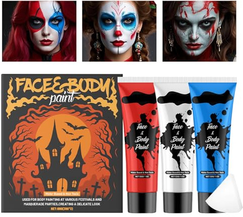 Moxeupon Lot de 3 peintures pour visage liquides pour Halloween, maquillage de carnaval lavable pour Halloween et cosplay