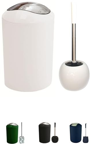 KW Ceramic Toilet Brush and High Grade Plastic Bathroom Swing Bin Set (White)