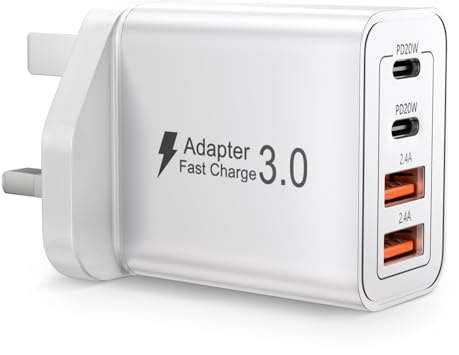 UK USB C Plug,40W 4-Port USB C Wall Fast Charger Plug with Dual PD Power Adapter+QC,TUV Certified Safe,Multiport Mains Type C Charging Plug for iPhone,Samsung,iPad,Watch,Macbook,Charger Head