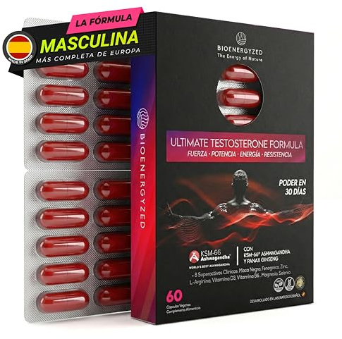 Testosterona Hombre Natural Pura con Ashwagandha KSM-66, Maca y Ginseng | Ashwagandha KSM-66® al 5% de withanólidos, Maca negra 10:1 (1500 mg), sin cafeína. Fabricado en España bajo certificación GMP