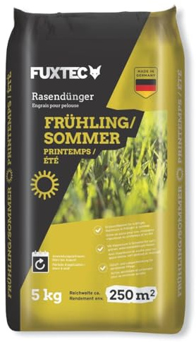 FUXTEC Abono césped primavera verano FX-RDFS5 • 5 kg hasta 125 m² • Favorece crecimiento denso y verde intenso • Liberación controlada • Ideal para mantenimiento estacional